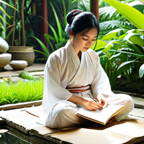 Home 15 **
Prompt: A serene individual journaling outdoors in a lush Vietnamese garden, surrounded by tropical plants, with sunlight filtering through the leaves. Focus on emotional awareness and self-reflection. Vietnamese traditional clothing is optional. Mindfulness, self-care.
**