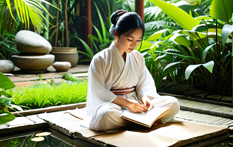 **
Prompt: A serene individual journaling outdoors in a lush Vietnamese garden, surrounded by tropical plants, with sunlight filtering through the leaves. Focus on emotional awareness and self-reflection. Vietnamese traditional clothing is optional. Mindfulness, self-care.
**