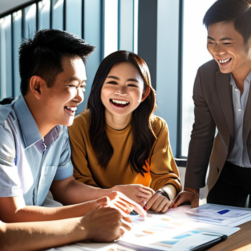 ** A diverse group of Vietnamese professionals collaborating on a project in a modern office setting. Sunlight streams through the windows, illuminating smiling faces. The overall mood is one of teamwork, support, and overcoming challenges. Focus on the expressions of resilience and determination.

**
