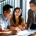 ** A diverse group of Vietnamese professionals collaborating on a project in a modern office setting. Sunlight streams through the windows, illuminating smiling faces. The overall mood is one of teamwork, support, and overcoming challenges. Focus on the expressions of resilience and determination.

**
