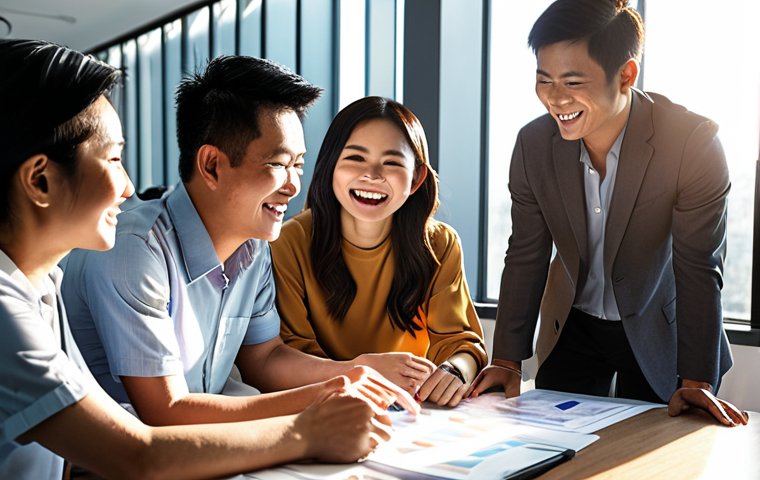 ** A diverse group of Vietnamese professionals collaborating on a project in a modern office setting. Sunlight streams through the windows, illuminating smiling faces. The overall mood is one of teamwork, support, and overcoming challenges. Focus on the expressions of resilience and determination.
**