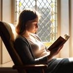 ** A person sitting comfortably in a chair, engrossed in a book, with sunlight streaming through a window. Focus on conveying empathy and understanding.

**