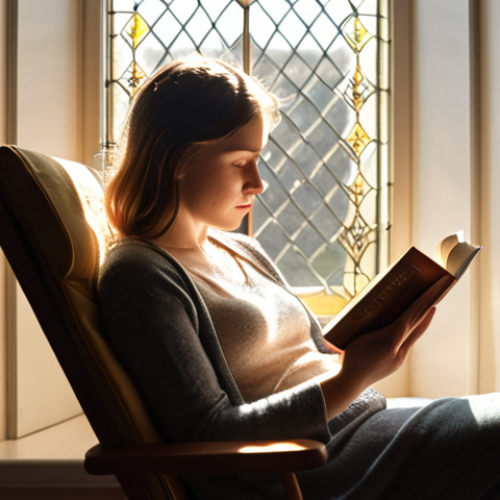 Home 7 ** A person sitting comfortably in a chair, engrossed in a book, with sunlight streaming through a window. Focus on conveying empathy and understanding.
**