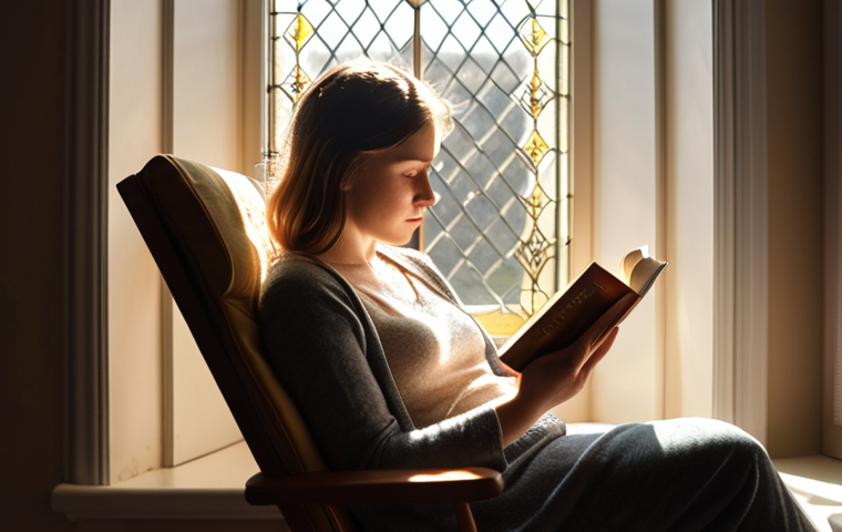 ** A person sitting comfortably in a chair, engrossed in a book, with sunlight streaming through a window. Focus on conveying empathy and understanding.
**