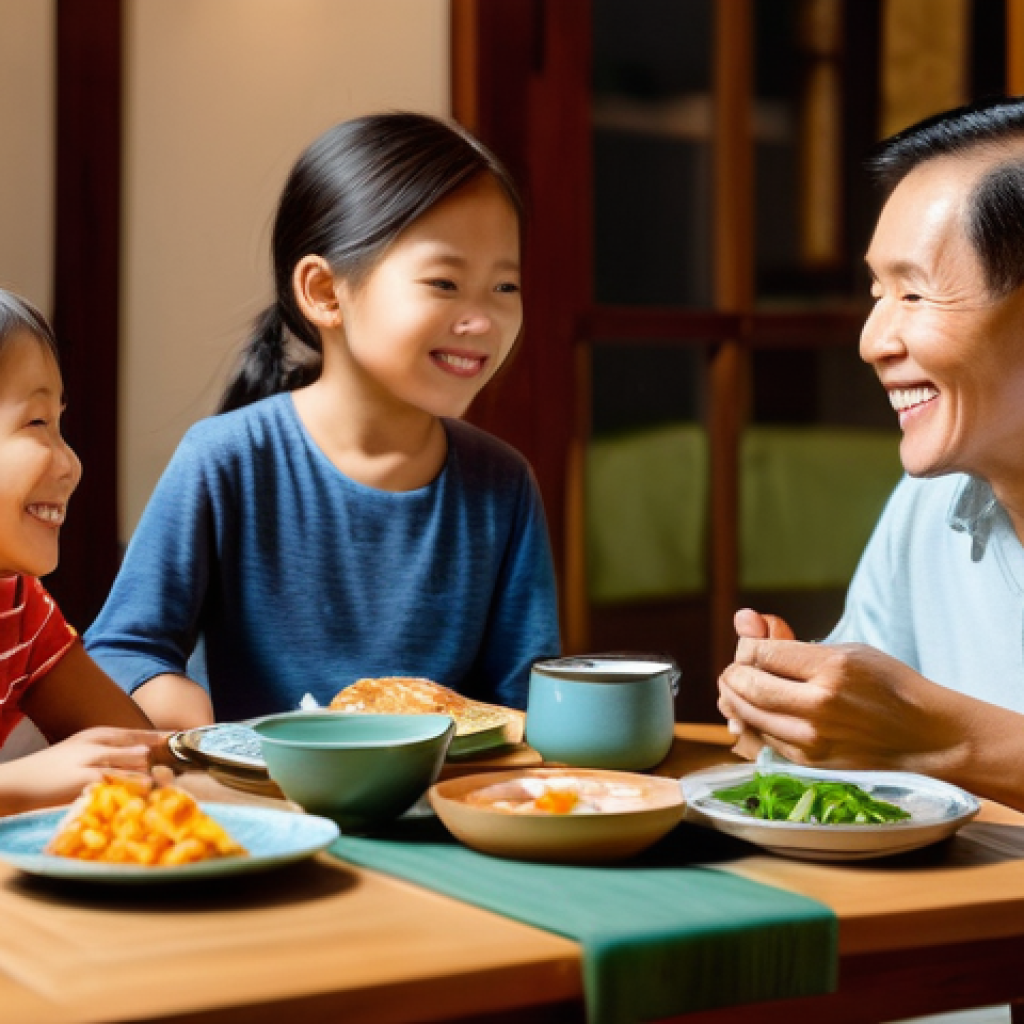 정신적 회복탄력성을 높이기 위한 가족 대화법 - **Prompt:** A heartwarming scene of a Vietnamese family (parents, one boy around 10 years old, and o...