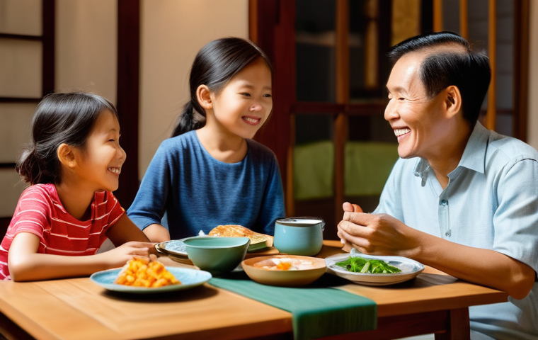 정신적 회복탄력성을 높이기 위한 가족 대화법 - **Prompt:** A heartwarming scene of a Vietnamese family (parents, one boy around 10 years old, and o...