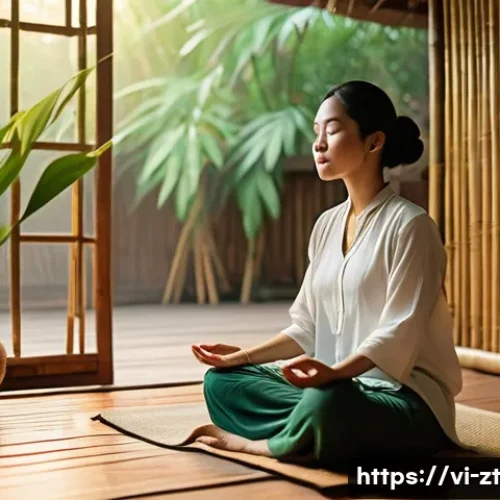 회복탄력성을 높이는 명상 기법 - A serene Vietnamese woman sitting cross-legged on a wooden floor in a traditional bamboo house, prac...