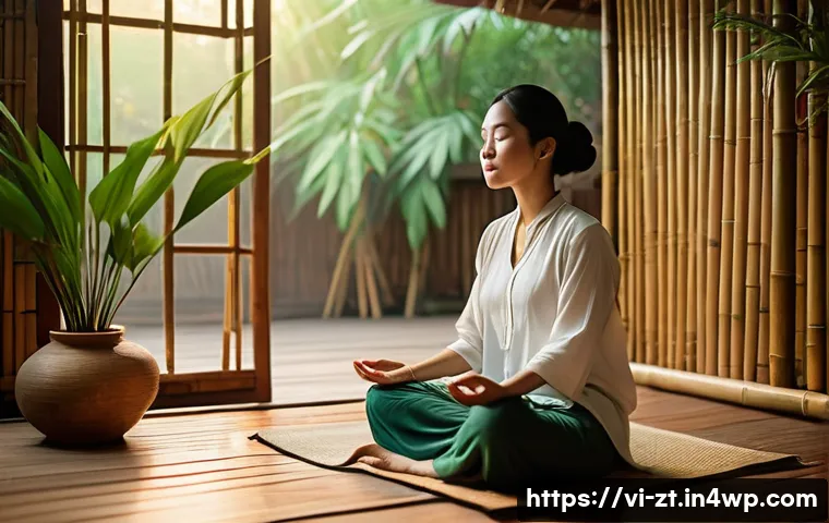 회복탄력성을 높이는 명상 기법 - A serene Vietnamese woman sitting cross-legged on a wooden floor in a traditional bamboo house, prac...