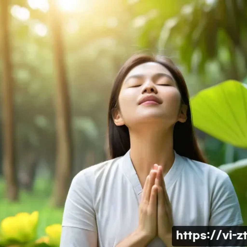 회복탄력성을 위한 심리적 기술 연습 - A serene Vietnamese woman practicing deep breathing exercises outdoors in a lush, green park during ...
