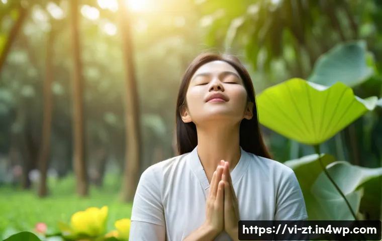 회복탄력성을 위한 심리적 기술 연습 - A serene Vietnamese woman practicing deep breathing exercises outdoors in a lush, green park during ...