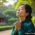 정신적 회복탄력성과 갈등 해결 전략 - A serene Vietnamese woman practicing 4-7-8 breathing technique in a peaceful urban park setting duri...