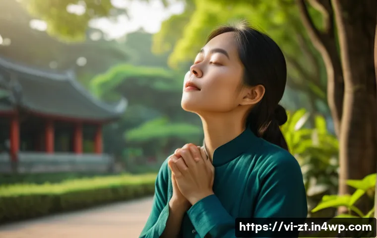 정신적 회복탄력성과 갈등 해결 전략 - A serene Vietnamese woman practicing 4-7-8 breathing technique in a peaceful urban park setting duri...