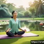 정신적 회복탄력성을 높이는 사례 연구 - A serene scene of a Vietnamese woman practicing mindfulness meditation outdoors in a lush green park...