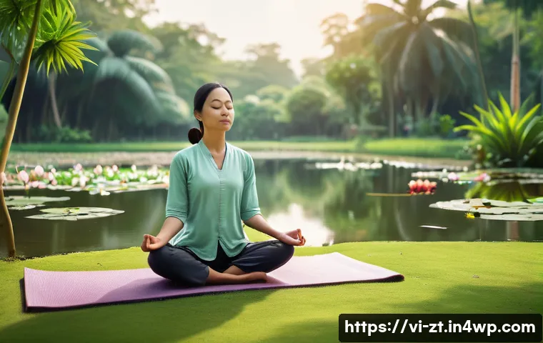 정신적 회복탄력성을 높이는 사례 연구 - A serene scene of a Vietnamese woman practicing mindfulness meditation outdoors in a lush green park...