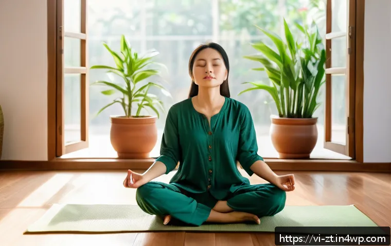 정신적 회복탄력성과 회복 과정의 단계 - A serene Vietnamese woman sitting cross-legged on a wooden floor in a bright, minimalist room filled...