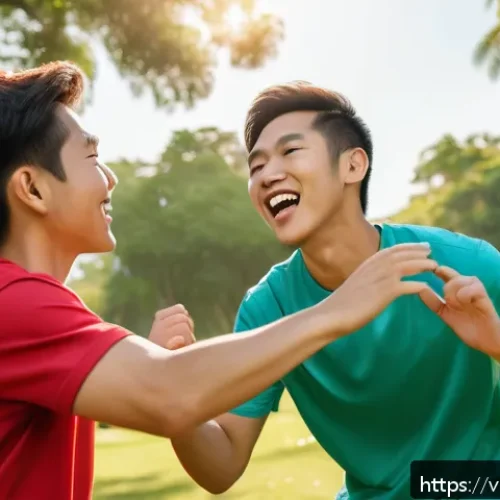 Home 33 정신적 회복탄력성을 위한 그룹 활동 아이디어 - A diverse group of young adults playing a trust-building game outdoors in a sunny park, where one pe...