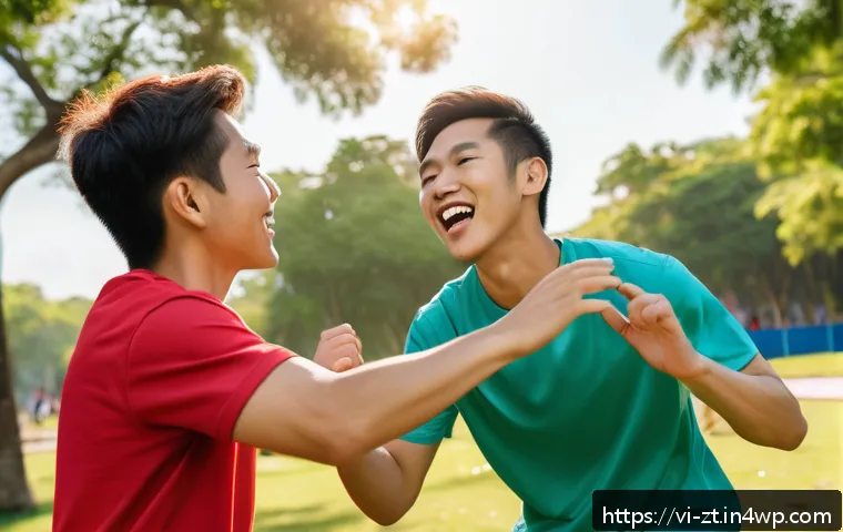 정신적 회복탄력성을 위한 그룹 활동 아이디어 - A diverse group of young adults playing a trust-building game outdoors in a sunny park, where one pe...