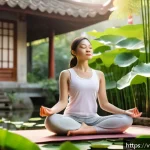 Home 19 정신적 회복탄력성을 위한 새로운 시작 - A serene Vietnamese woman practicing morning meditation outdoors in a lush garden with lotus flowers...