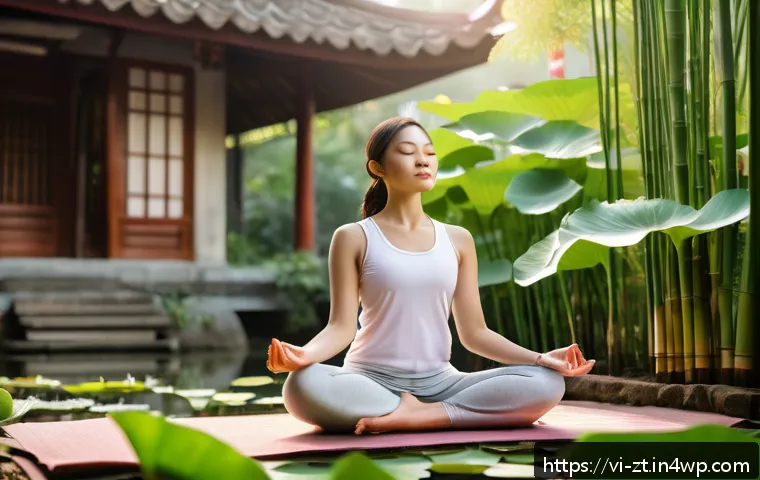 정신적 회복탄력성을 위한 새로운 시작 - A serene Vietnamese woman practicing morning meditation outdoors in a lush garden with lotus flowers...