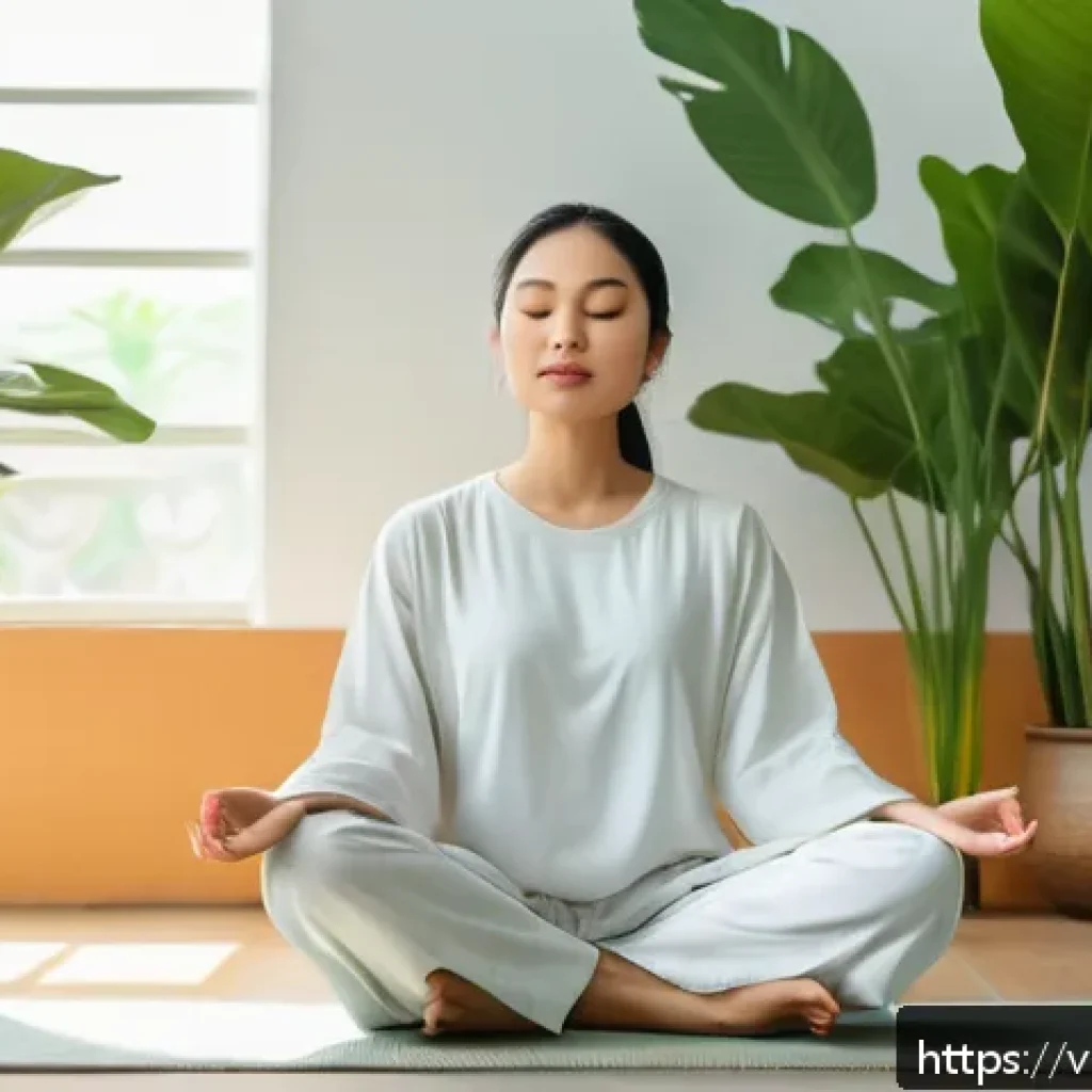 정신적 회복탄력성을 위한 코칭 기법 - A serene Vietnamese woman practicing meditation and deep breathing in a minimalist living room bathe...