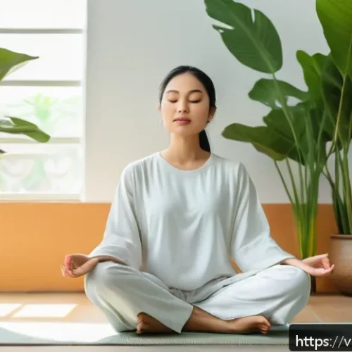 Home 17 정신적 회복탄력성을 위한 코칭 기법 - A serene Vietnamese woman practicing meditation and deep breathing in a minimalist living room bathe...