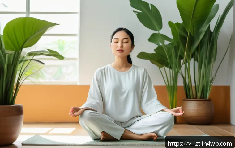 정신적 회복탄력성을 위한 코칭 기법 - A serene Vietnamese woman practicing meditation and deep breathing in a minimalist living room bathe...