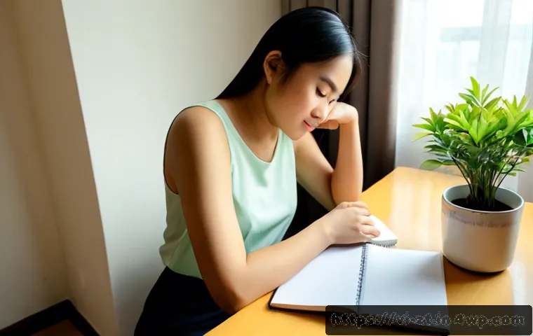 Home 17 정신적 회복탄력성과 성취 동기 - Photorealistic Vietnamese young professional seated at a clean apartment desk after a difficult day,...