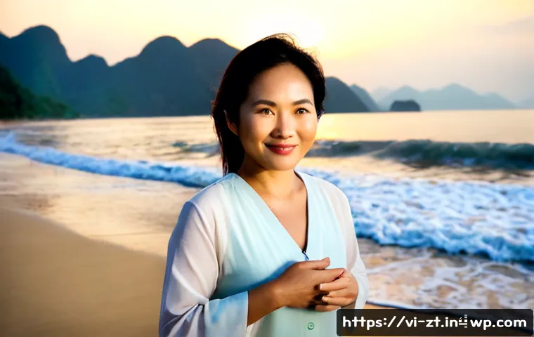 Home 13 정신적 회복탄력성을 위한 긍정적 메세지 - Photorealistic Vietnamese woman in her early 40s standing calmly on a quiet Da Nang beach at sunrise...